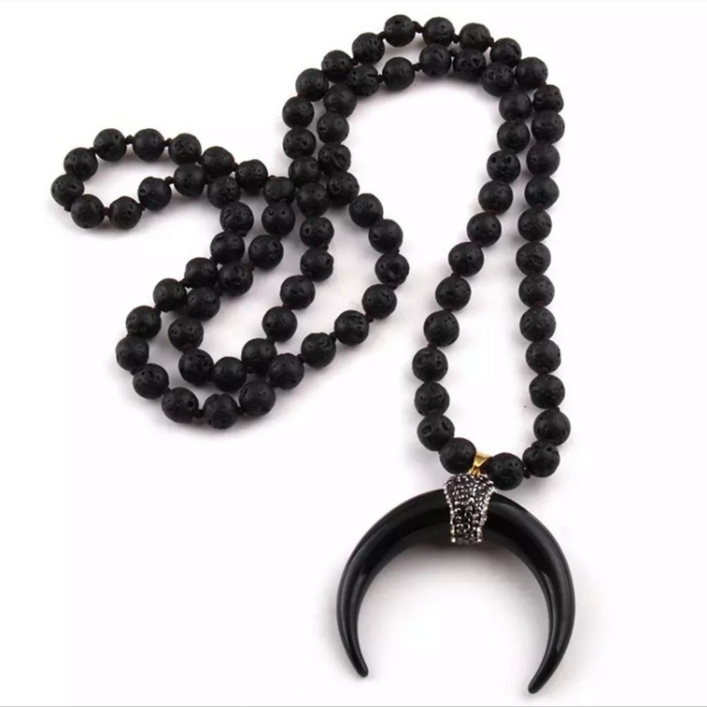 Black Lava Bead Horn Necklace